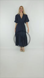Video del Look del Vestido Farol mujer azul marino escote cruzado midi