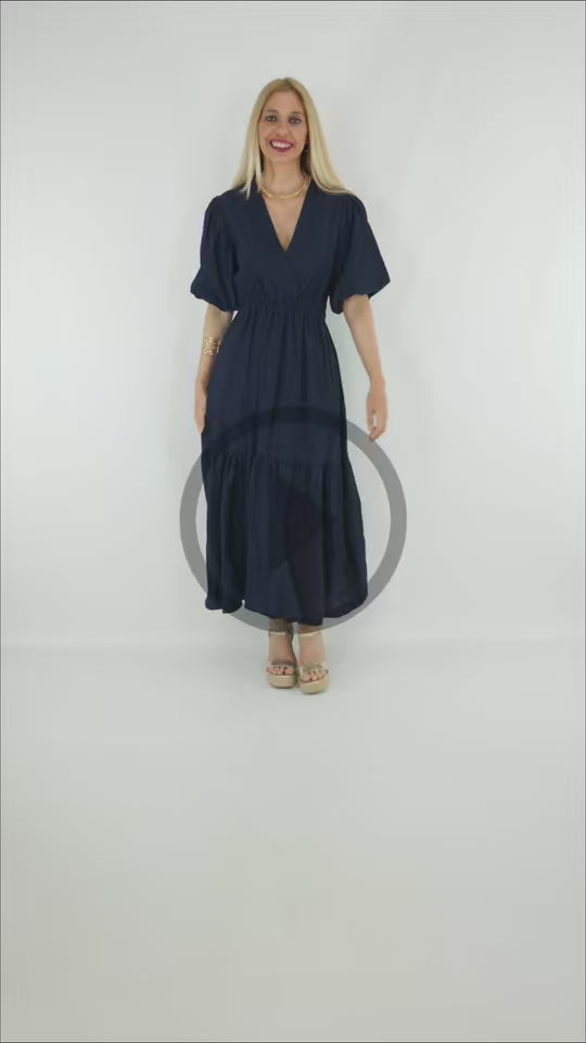 Video del Look del Vestido Farol mujer azul marino escote cruzado midi