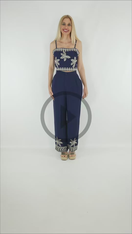 Video del Pantalón Palma Bordado azul marino con top Palma Bordado azul marino