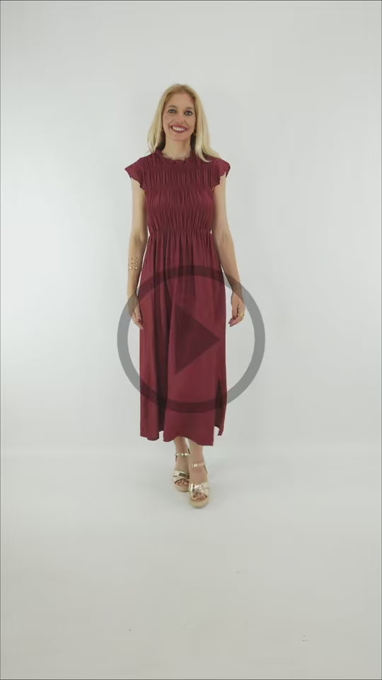 Vedio del Vestido Capri de color burdeo con cuñas doradas