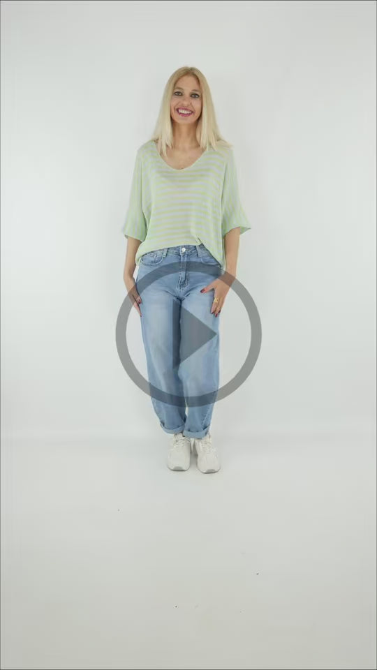 Video del Look de jersey punto rayas celeste mujer con jean